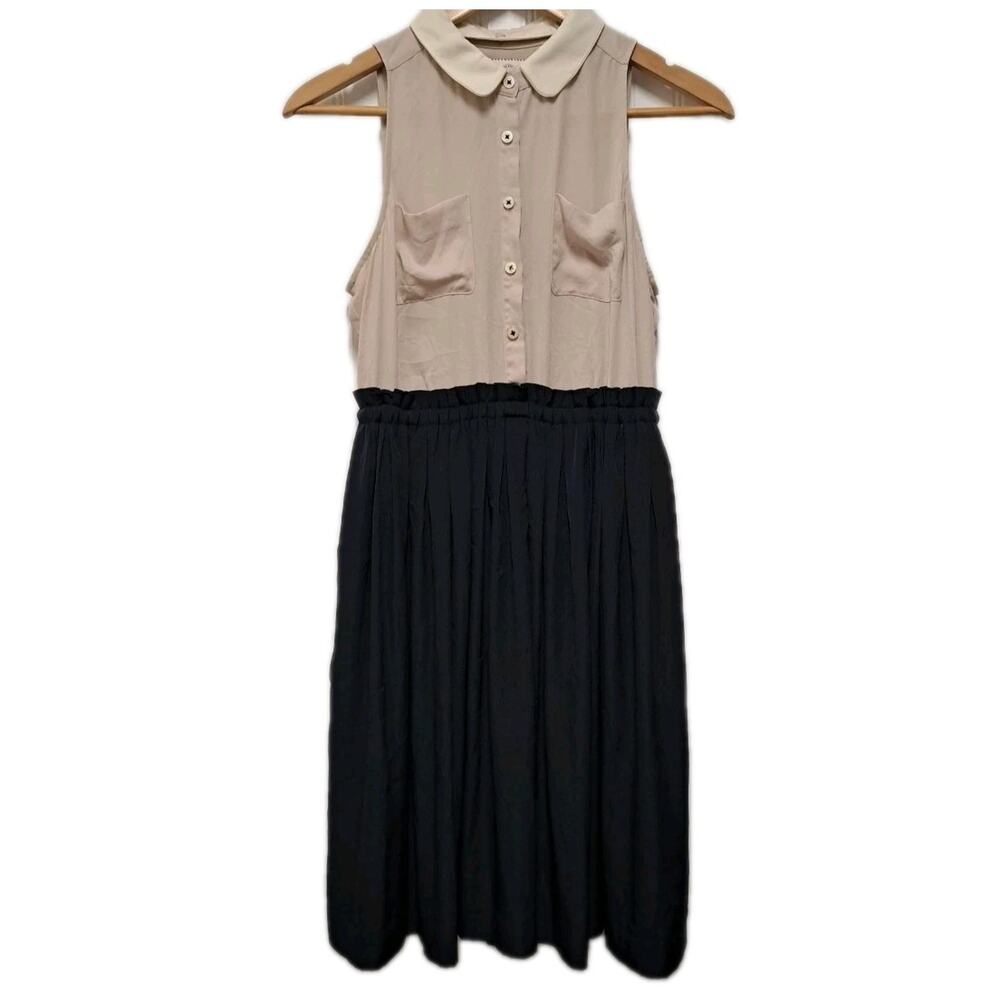Anthropologie Postage Stamp Sleeveless Shirt Dress Womens 4 Cream / Navy Pockets